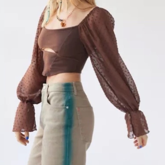 Urban Outfitters Puff Sleeve Blouse Women’s XS Chocolate Brown Cropped Boho Top - Picture 7 of 17